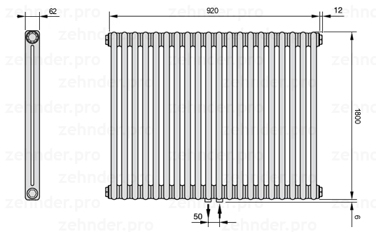 Схема (чертеж) Радиатор Zehnder Charleston 2180/20 №5410 Белый глянцевый RAL 9016